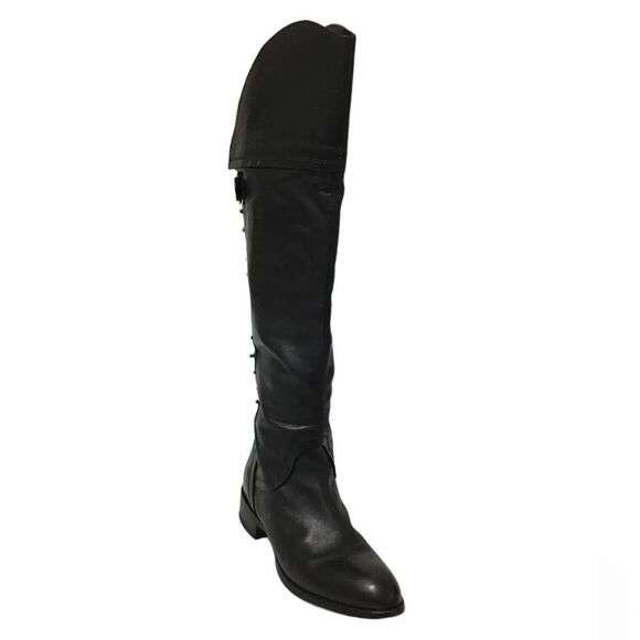Anthropologie Area Forte Knee High Black Leather Studded Riding Boots Size 37 - Picture 1 of 16